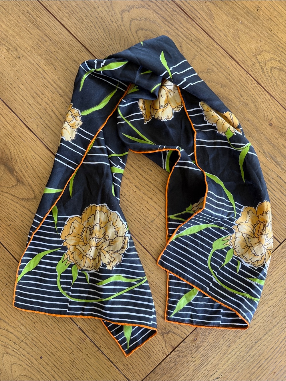 Vintage Triangle Brand 100% Silk Scarf Black Striped Floral Orange Trim